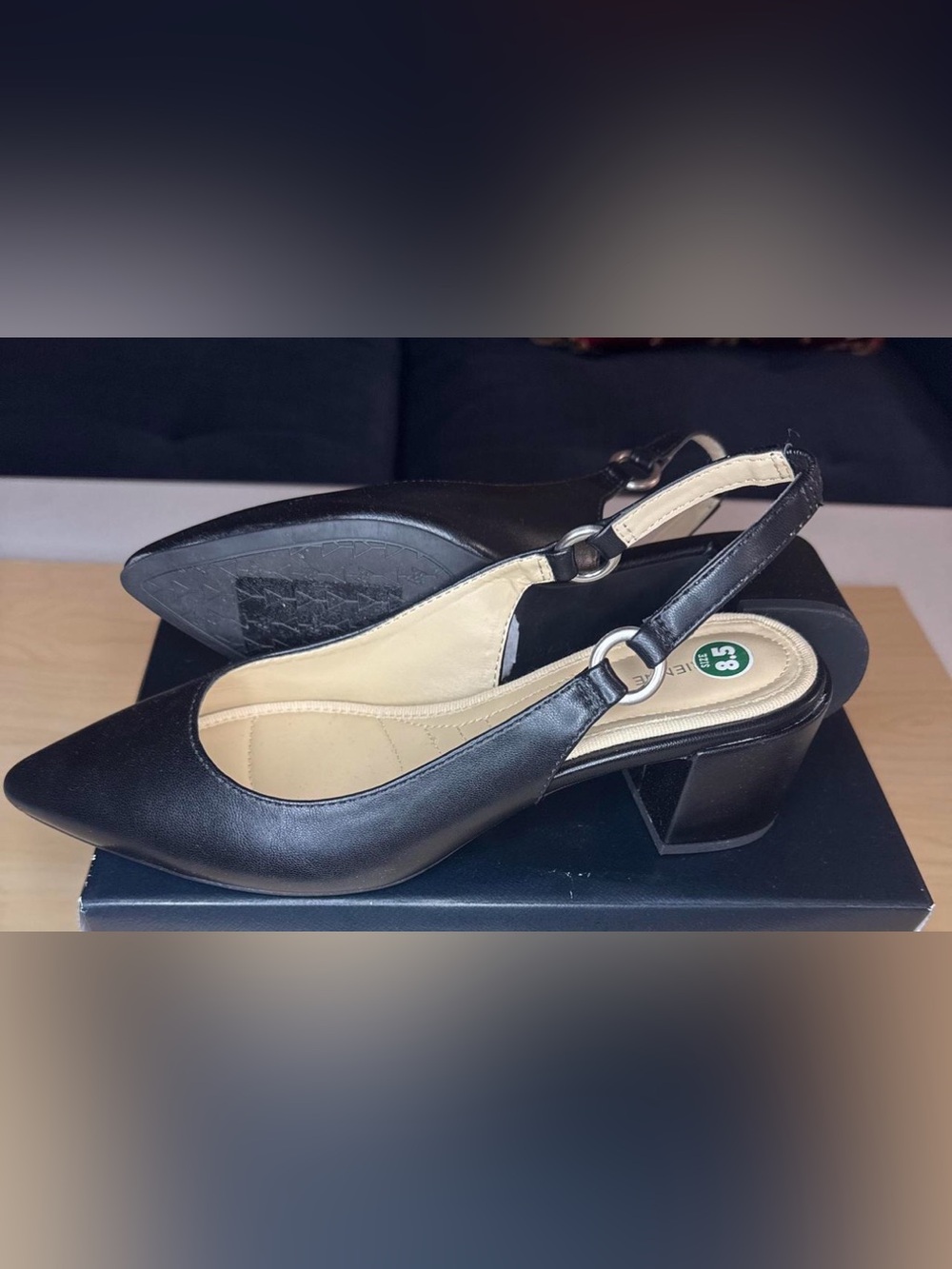 Adrienne Vittadini Black Slingback Block Heel Mules with Silver Ring Accent 8.5
